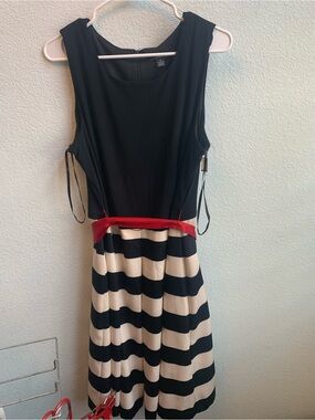 R&K Black Bodice Striped Skirt Dress with Red Waist Accent